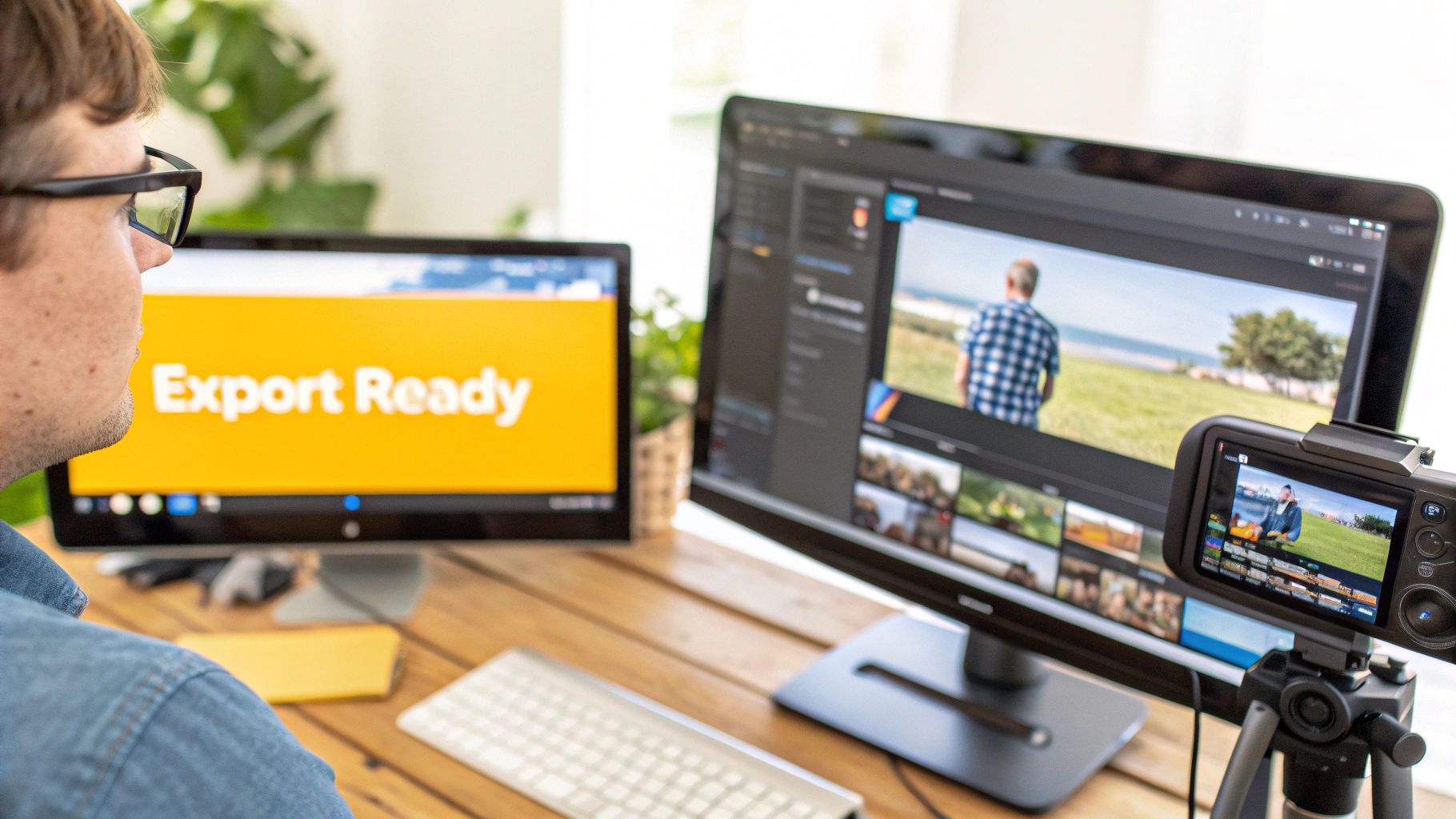 A person wearing glasses works on video editing across multiple computer monitors in an office.