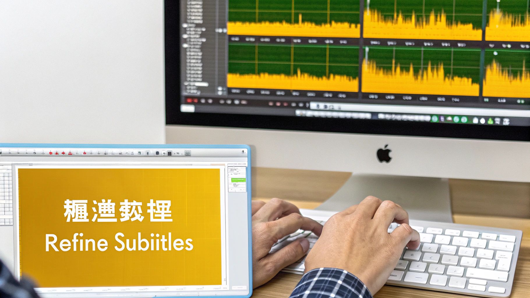 A person is typing on a keyboard, working on a computer screen displaying 'Refine Subtitles' in Chinese and English.