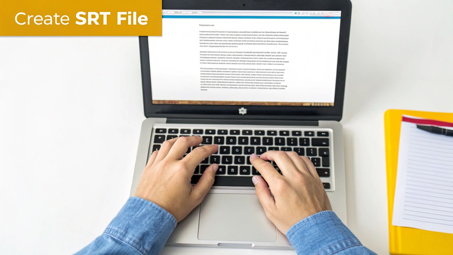 Hands typing on a laptop displaying a document, with a 'Create SRT File' banner overhead.