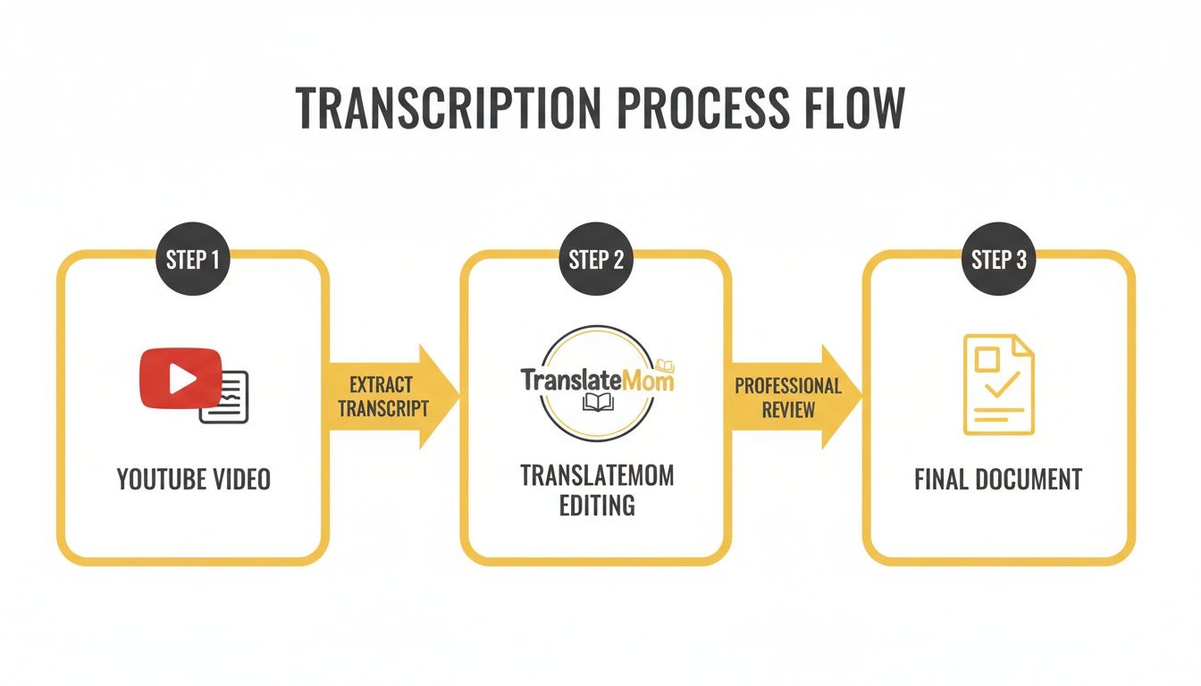 Flow chart illustrating the three-step transcription process from YouTube video to final document.