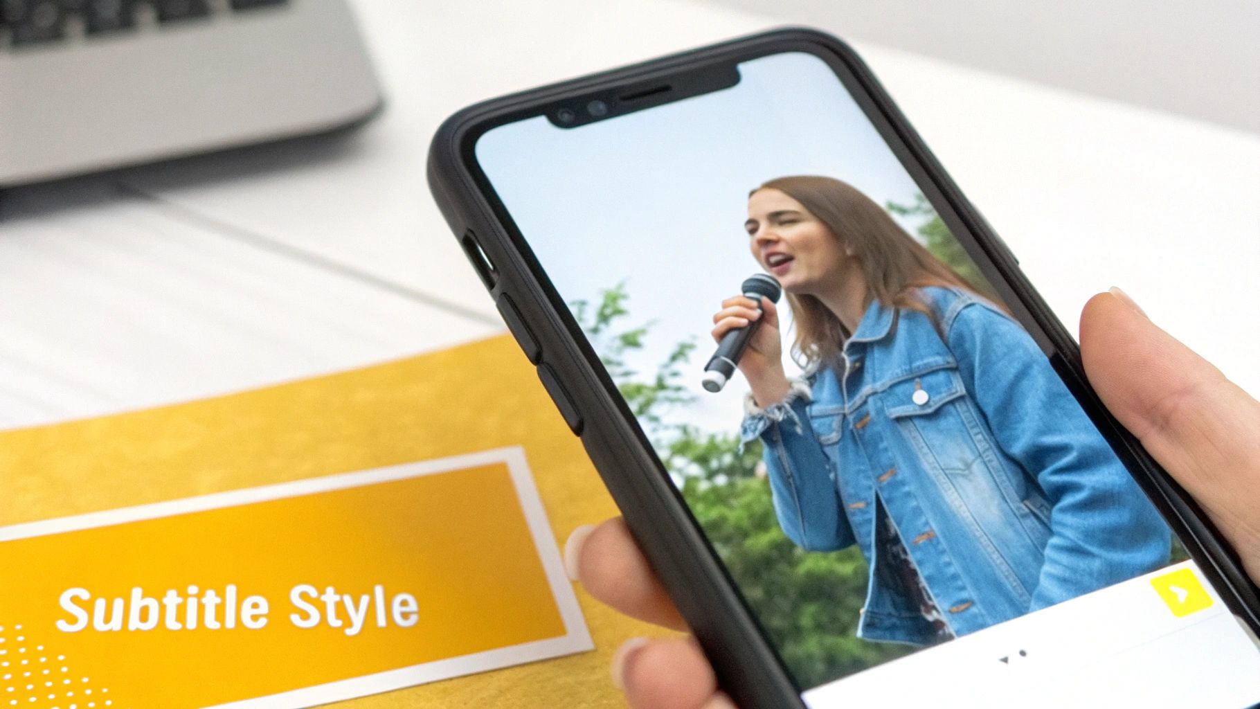 A person holds a smartphone displaying a woman singing, with a 'Subtitle Style' card nearby.