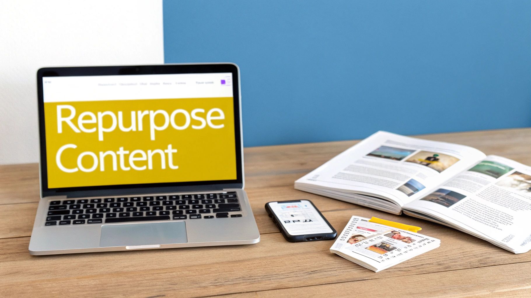 A laptop displaying 'Repurpose Content' on a wooden desk with a smartphone, magazine, and papers.