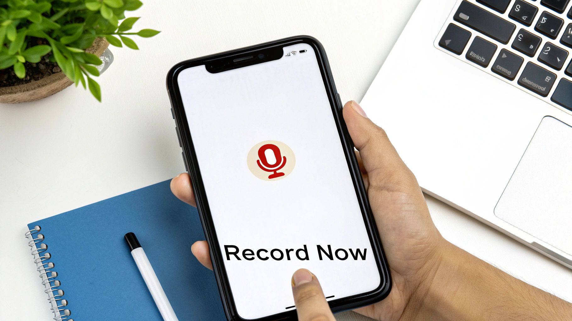 A person holding an iPhone displaying the Voice Memos app, ready to record.