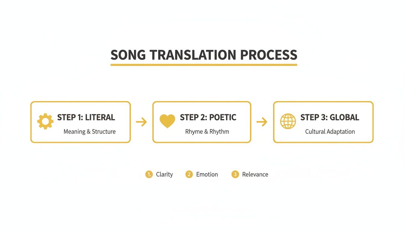 Infographic detailing the three-step song translation process: Literal, Poetic, and Global, focusing on clarity, emotion, and relevance.
