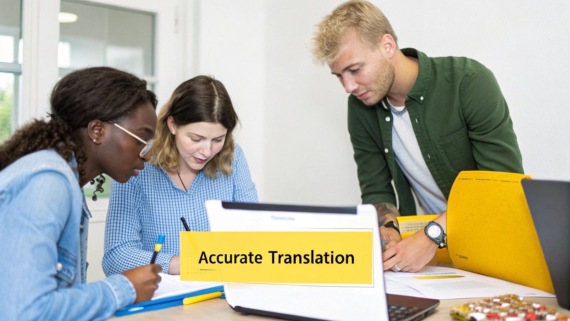 A diverse team of three people working together on a project, with an 'Accurate Translation' overlay.