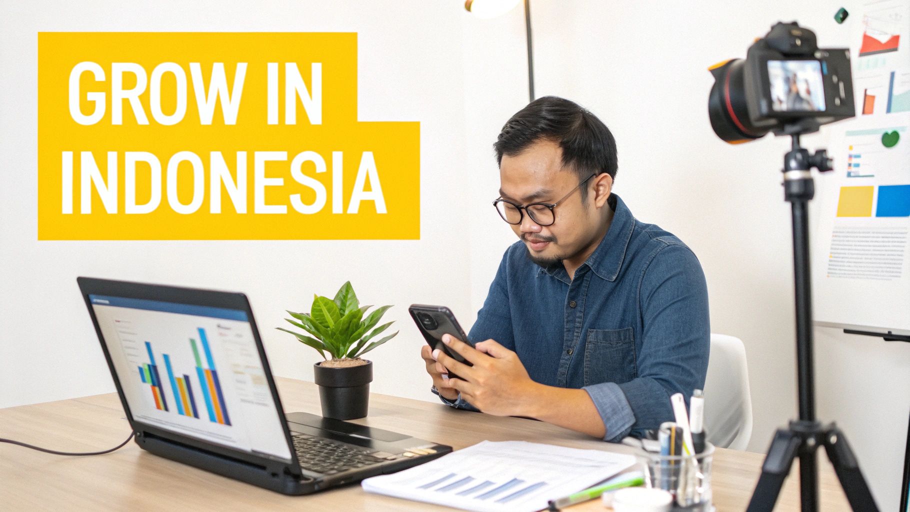 Man at desk with laptop, phone, and camera, promoting business growth in Indonesia.