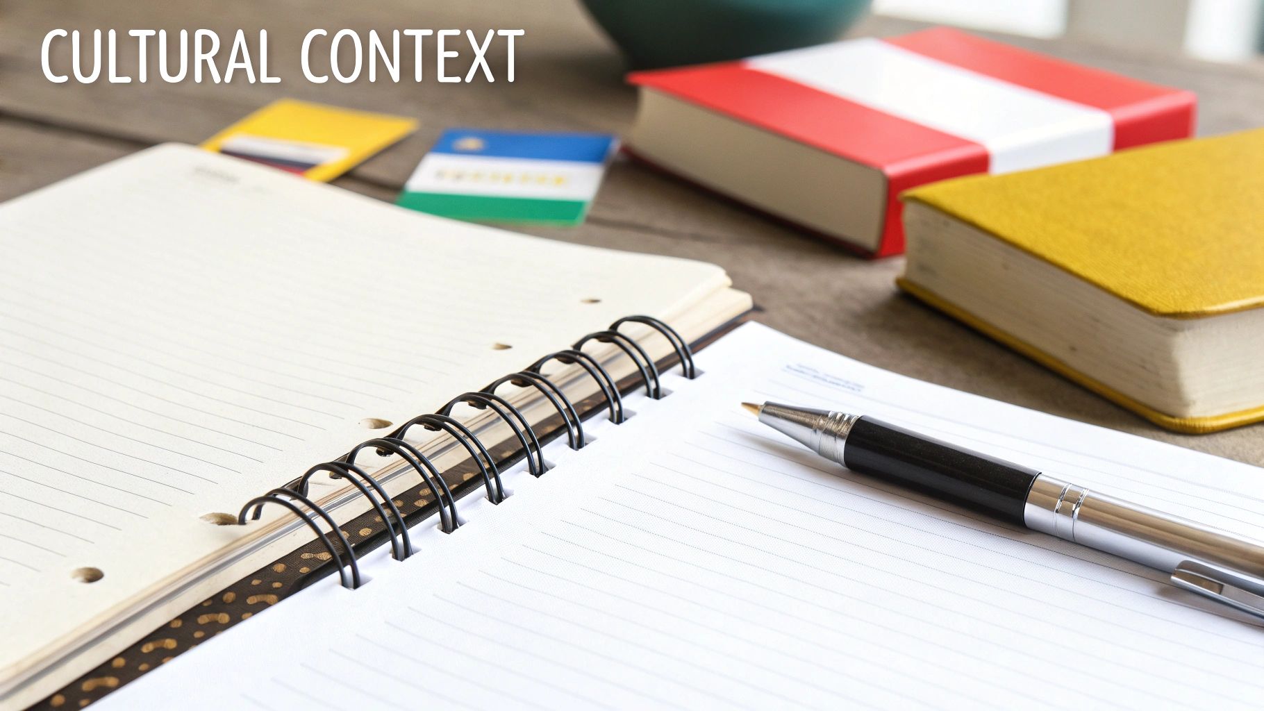 Open notebooks, a pen, and two colorful books on a wooden desk, symbolizing study.