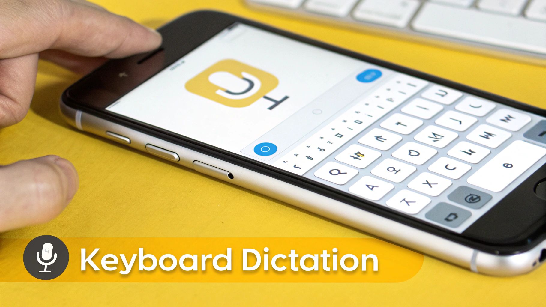 A finger taps an iPhone screen displaying a microphone icon and keyboard, illustrating voice dictation.