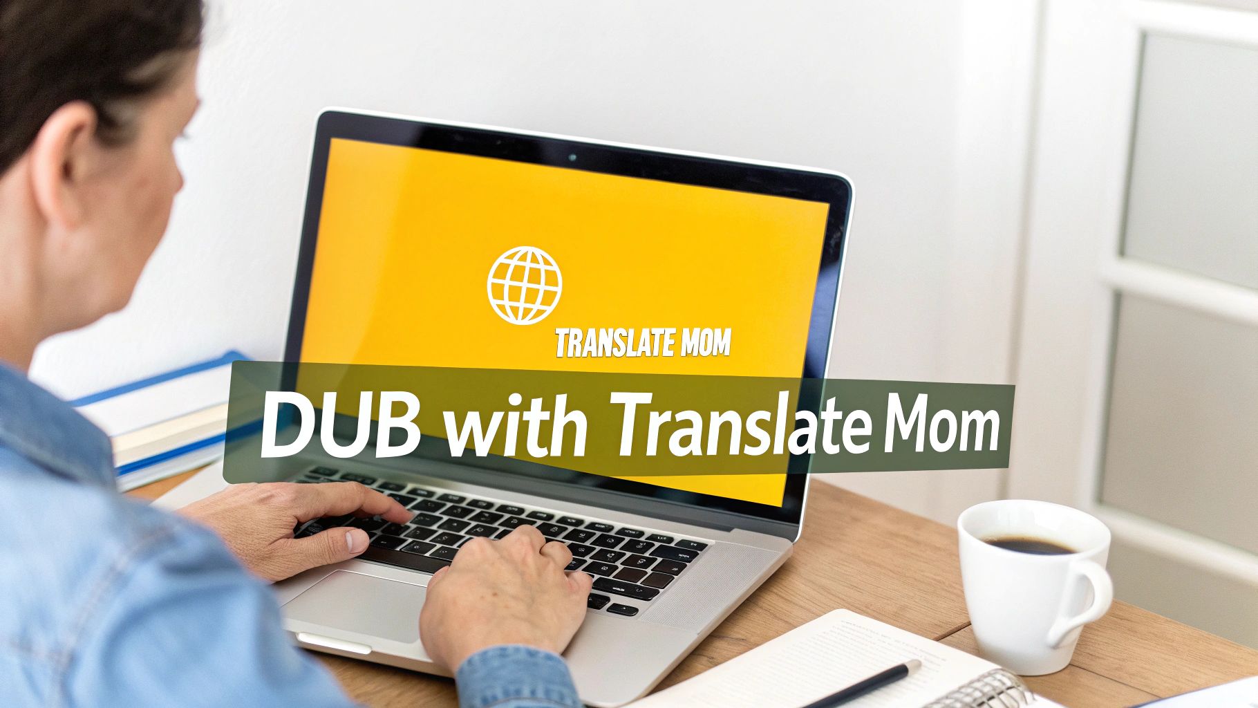 A person using a laptop featuring 'Translate Mom' on screen and 'DUB with Translate Mom' overlay.