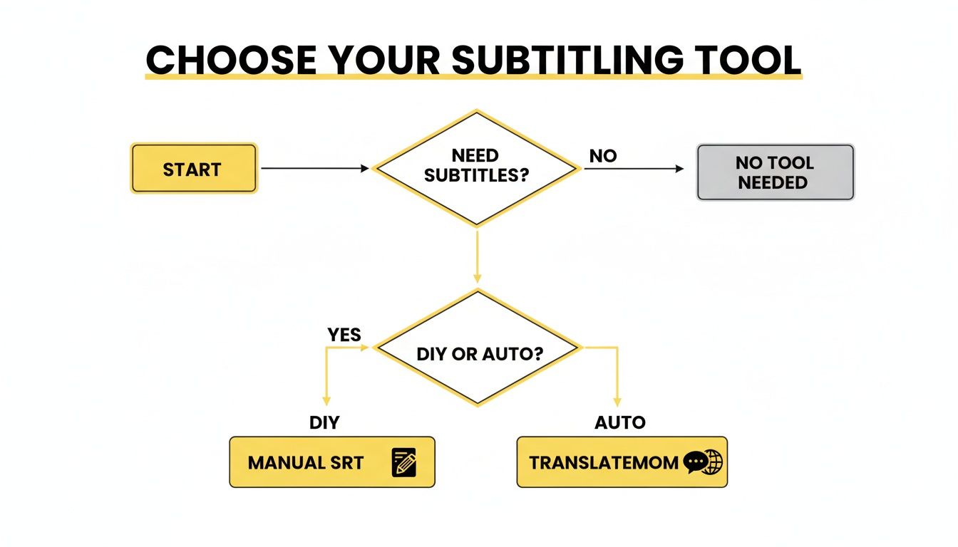 Flowchart guiding the user to choose a subtitling tool, leading to Manual SRT or Translatemom.