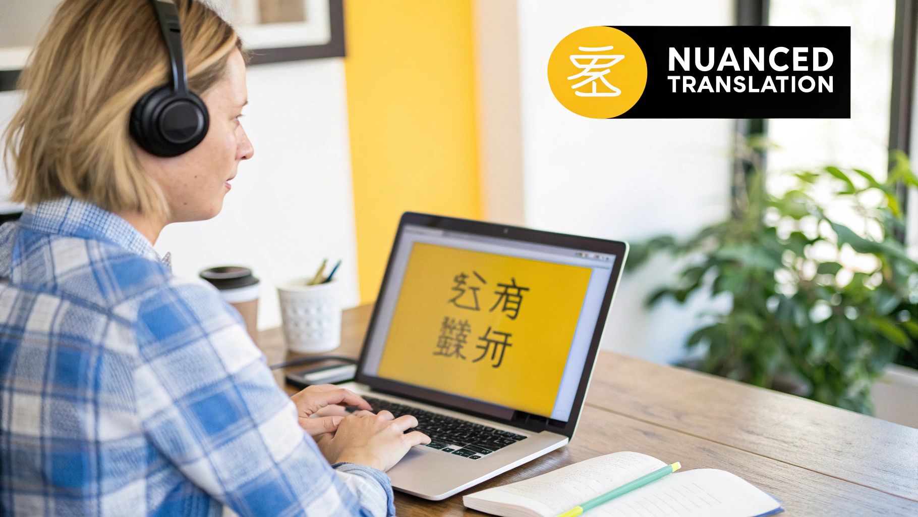 A person with headphones typing on a laptop displaying Chinese characters for translation.