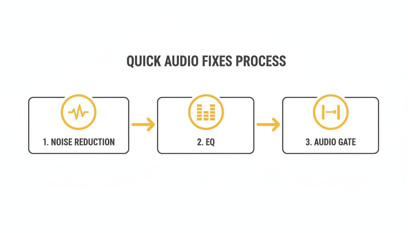 A flowchart illustrating the quick audio fixes process: Noise Reduction, EQ, and Audio Gate.