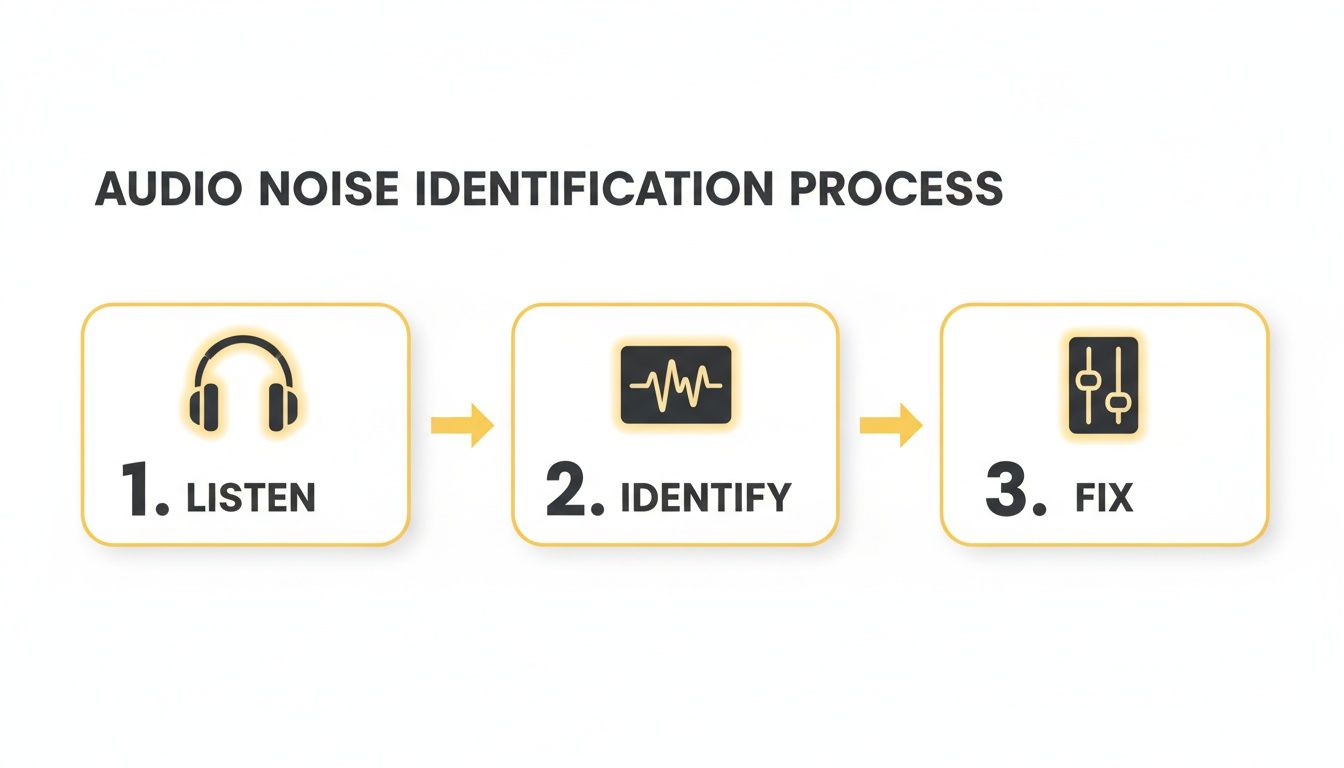 A visual process showing three steps to identify and fix audio noise: Listen, Identify, and Fix.
