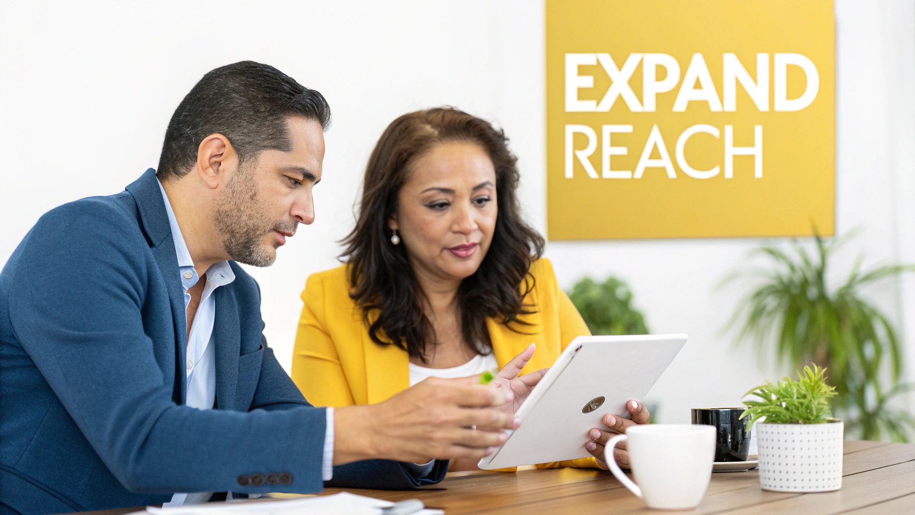 Two business professionals, a man and a woman, collaborate using a tablet in a modern office.