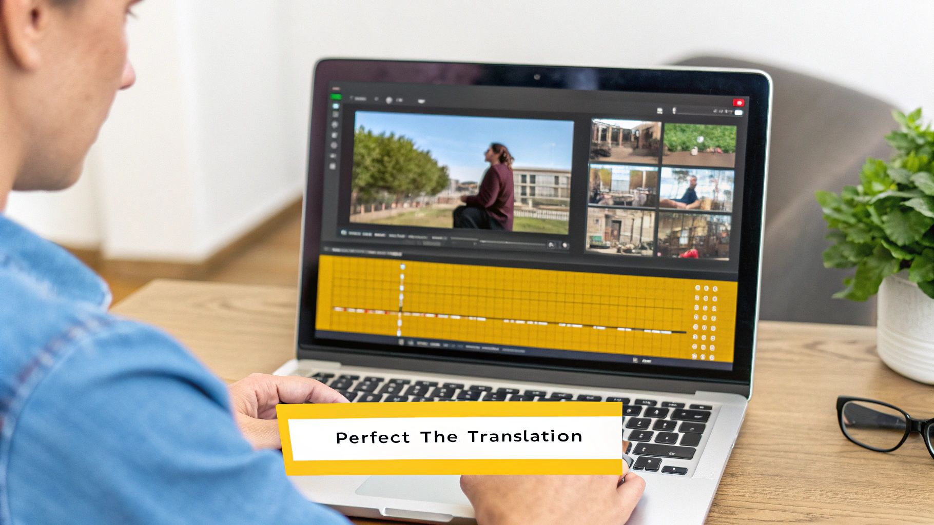 A person edits video on a laptop, displaying a timeline and clips, while holding a "Perfect The Translation" card.