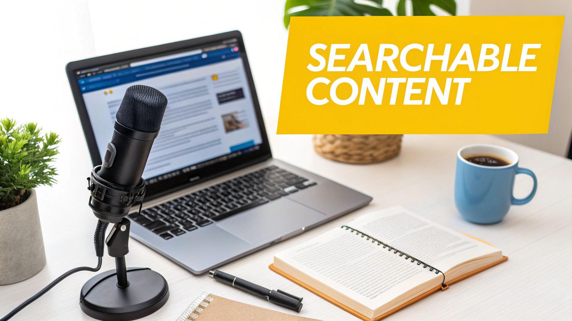 A desk setup with a laptop, microphone, open book, coffee, and a banner reading 'Searchable Content'.