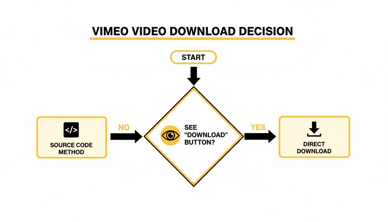 Flowchart detailing the decision process for downloading Vimeo videos, using direct or source code methods.