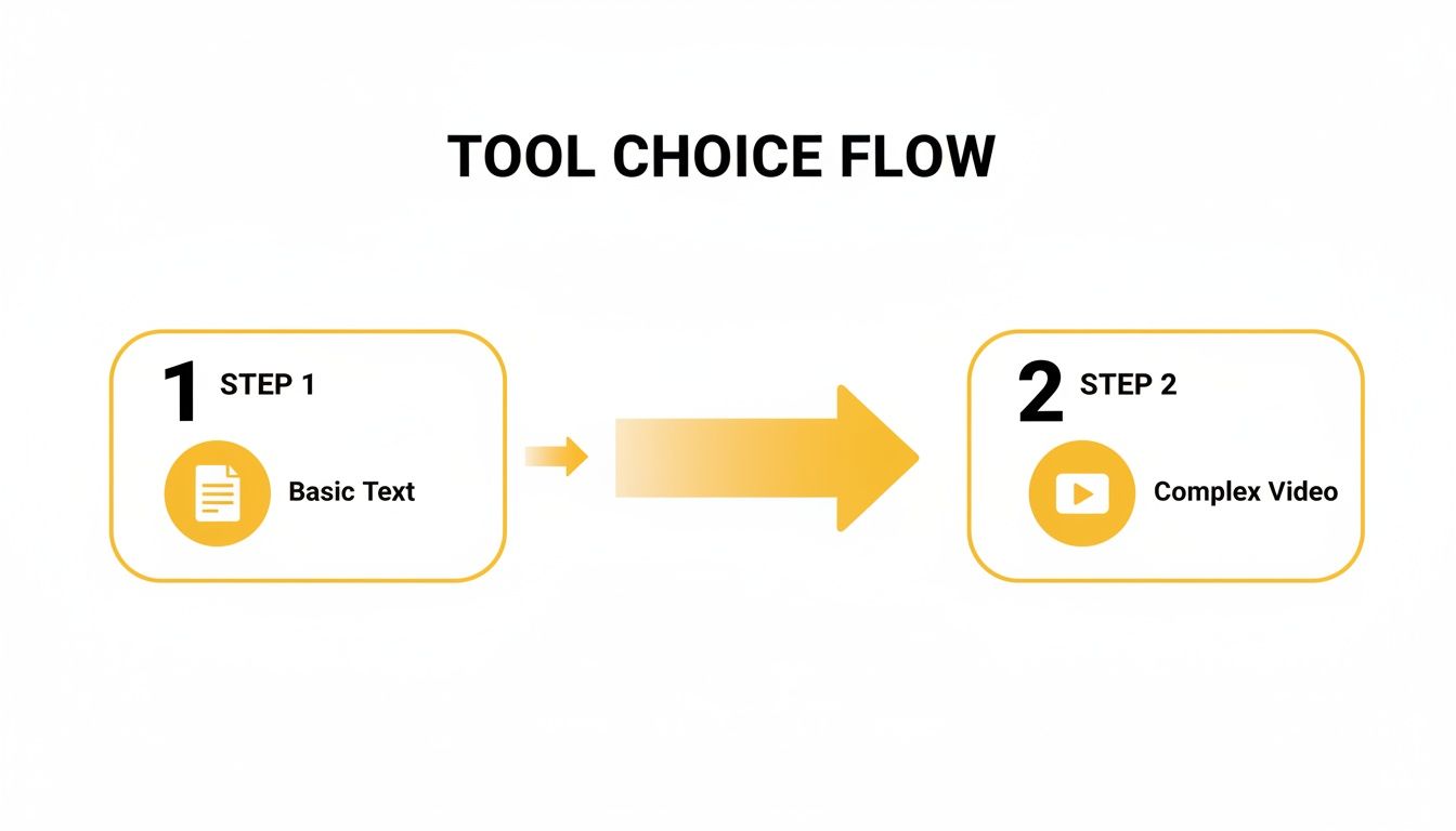 Workflow illustrating tool choice, starting with basic text in Step 1 and progressing to complex video in Step 2.