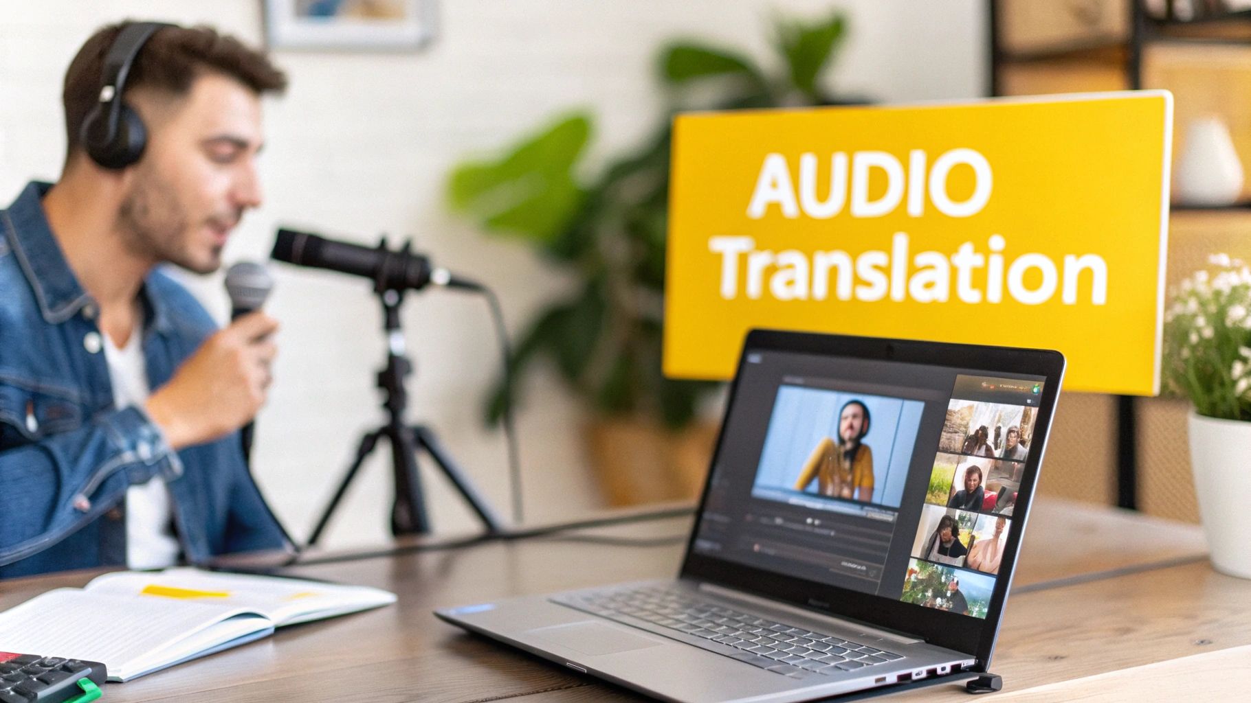 A man records audio with a microphone and headphones, working on a laptop displaying a video call for audio translation.