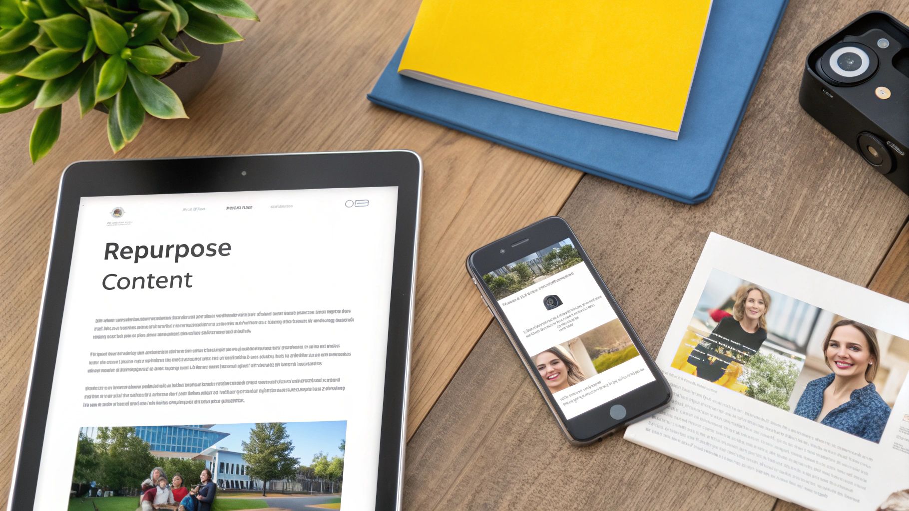 A top-down view of a digital workspace with a tablet, smartphone, camera, notebooks, and plant on a wooden desk.