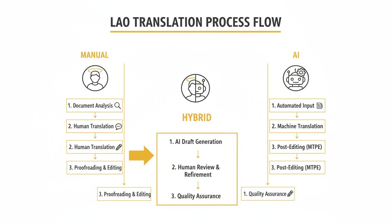 Flowchart illustrating three distinct methods for Lao translation: Manual, Hybrid, and AI processes.
