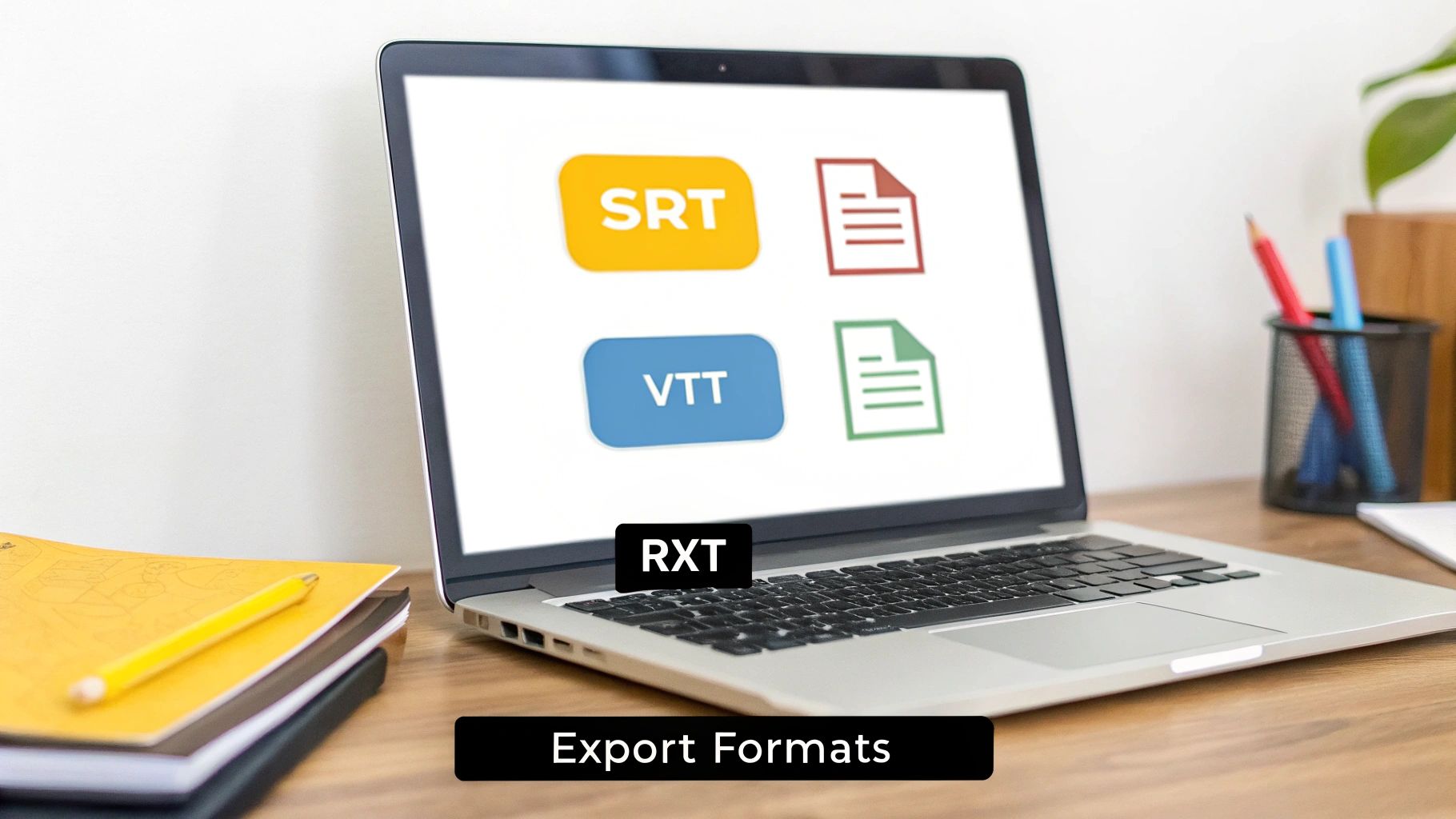 A laptop screen displays various subtitle export formats like SRT, VTT, and RXT, on a wooden desk.