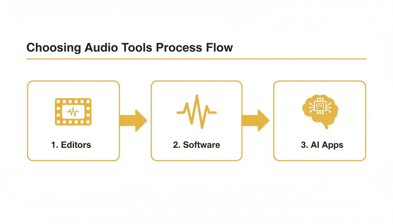 A process flow diagram illustrating three steps for choosing audio tools: Editors, Software, and AI Apps.