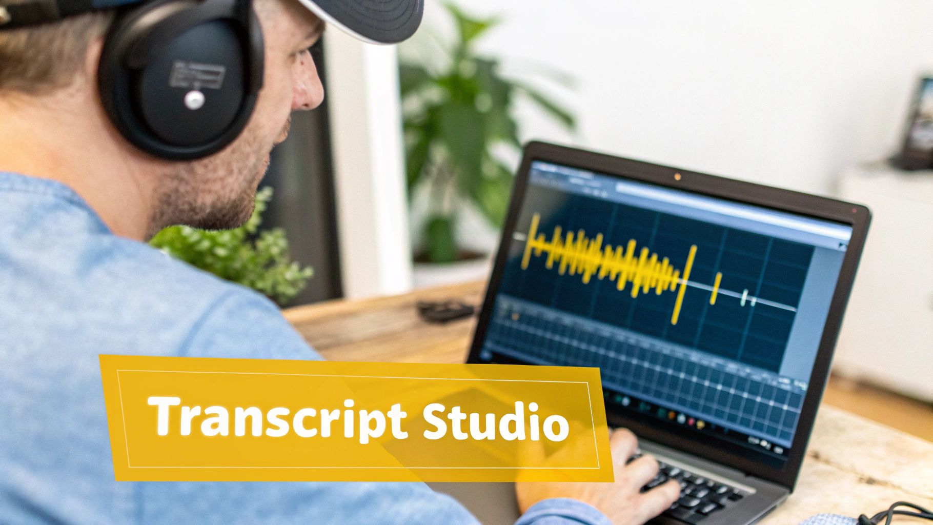 A man wearing headphones works on a laptop displaying an audio waveform and "Transcript Studio" text.