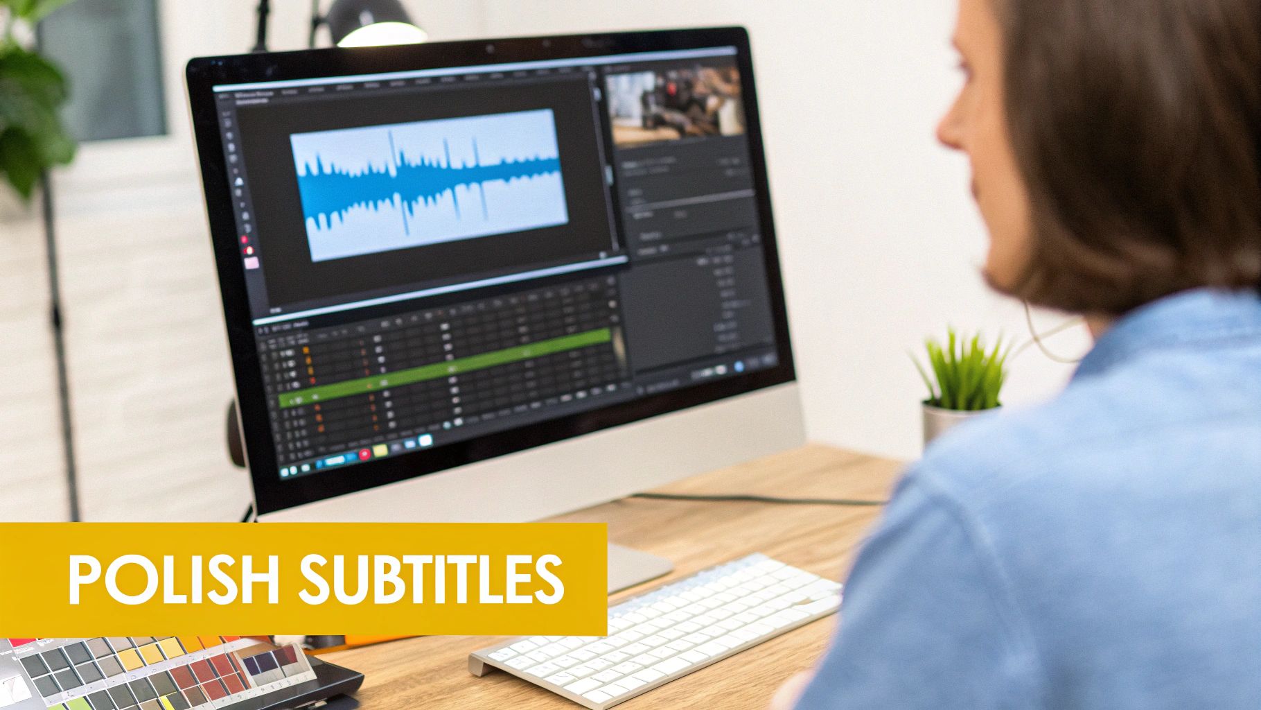 Person editing video on a computer screen with audio waveforms, a video timeline, and a 'Polish Subtitles' banner.