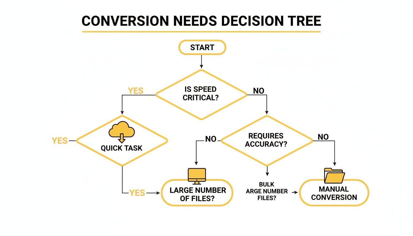Flowchart outlining a conversion needs decision tree, guiding users through speed, accuracy, and file volume considerations.