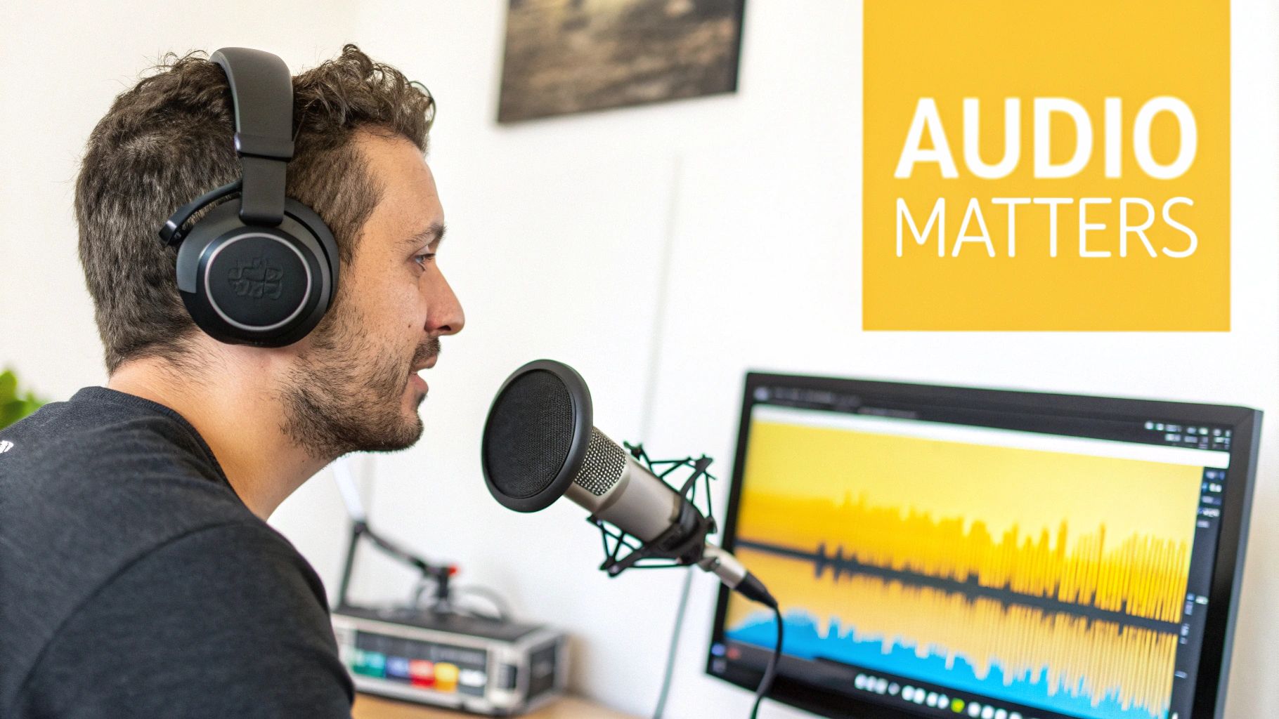 A man wearing headphones speaks into a microphone, recording audio in a studio setting.