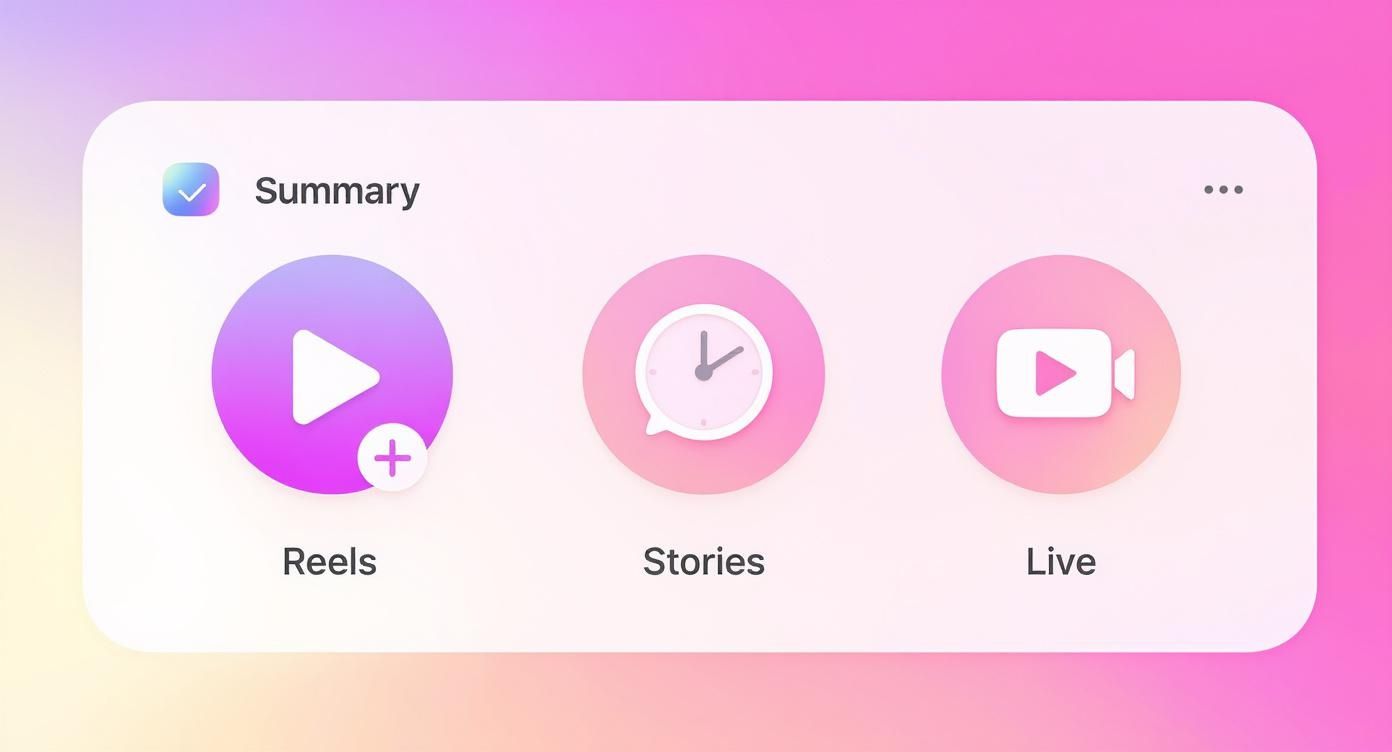 Instagram content types summary showing Reels, Stories, and Live video options with colorful gradient icons
