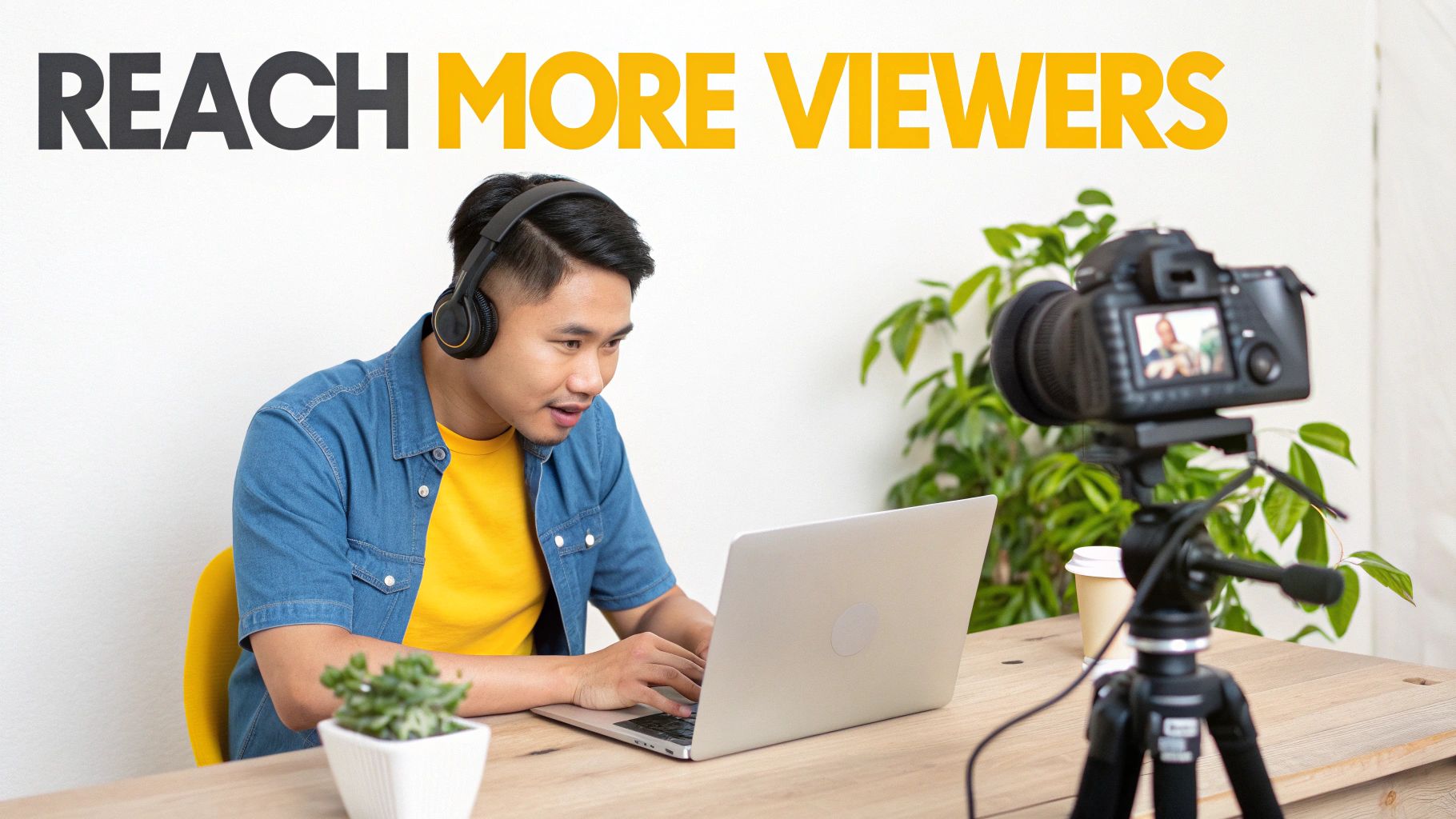 A man wearing headphones uses a laptop for live streaming, with a camera recording the session.