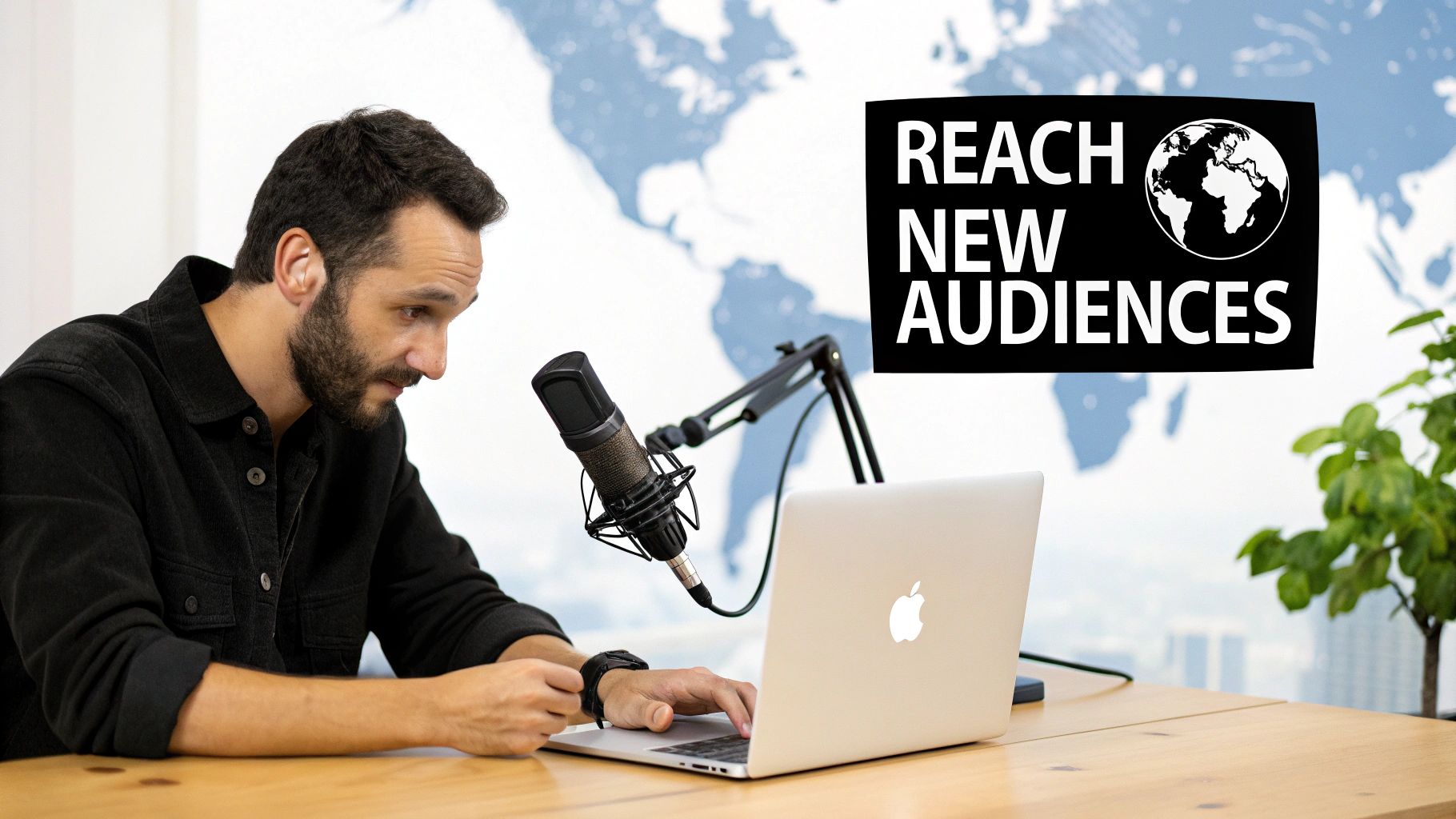 A person wearing headphones and speaking into a microphone in front of a computer, suggesting audio creation and translation.