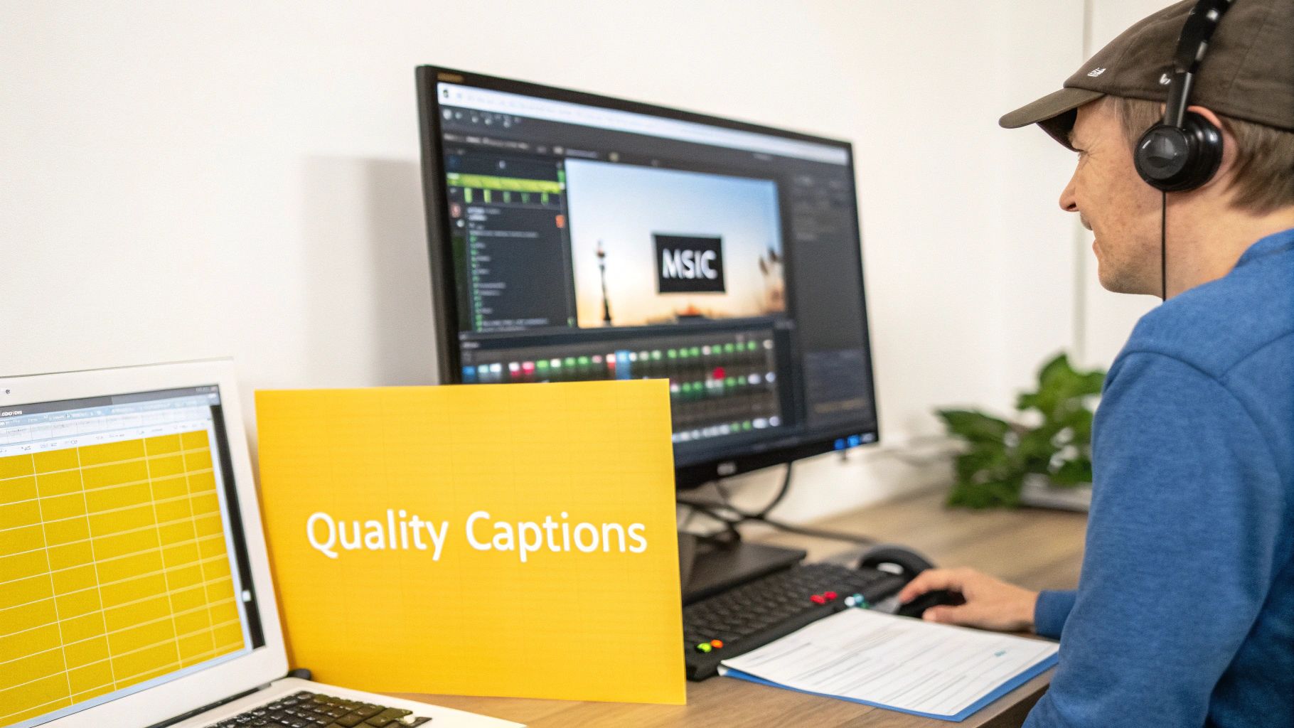 A man in headphones edits video on a monitor, with a laptop and a 'Quality Captions' sign on the desk.