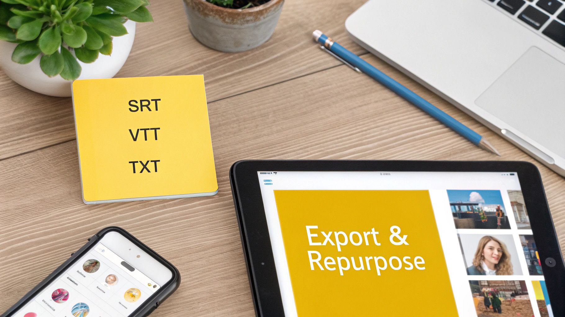 A desk with a notebook displaying SRT, VTT, TXT, a tablet showing 'Export & Repurpose,' a phone, and a laptop.