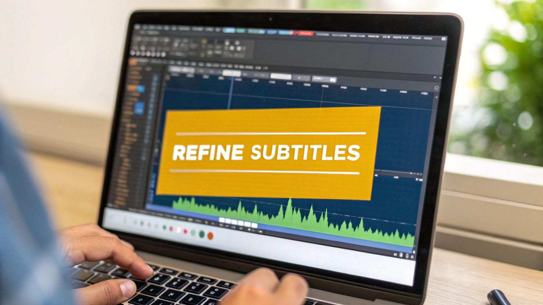 Close-up of a person typing on a laptop, refining subtitles for a video.