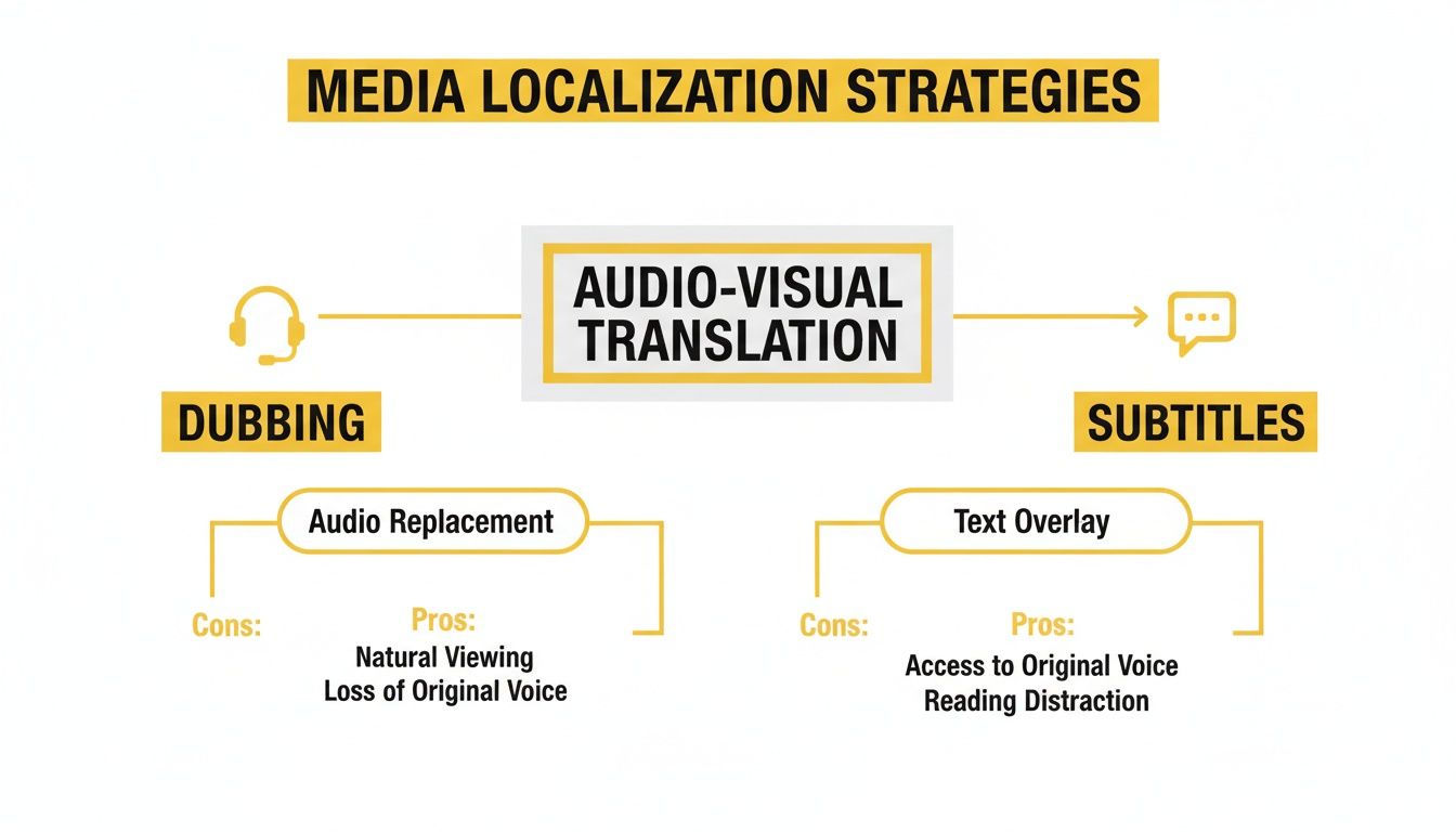 Infographic illustrating media localization strategies, specifically audio-visual translation methods: dubbing and subtitles, with pros and cons.