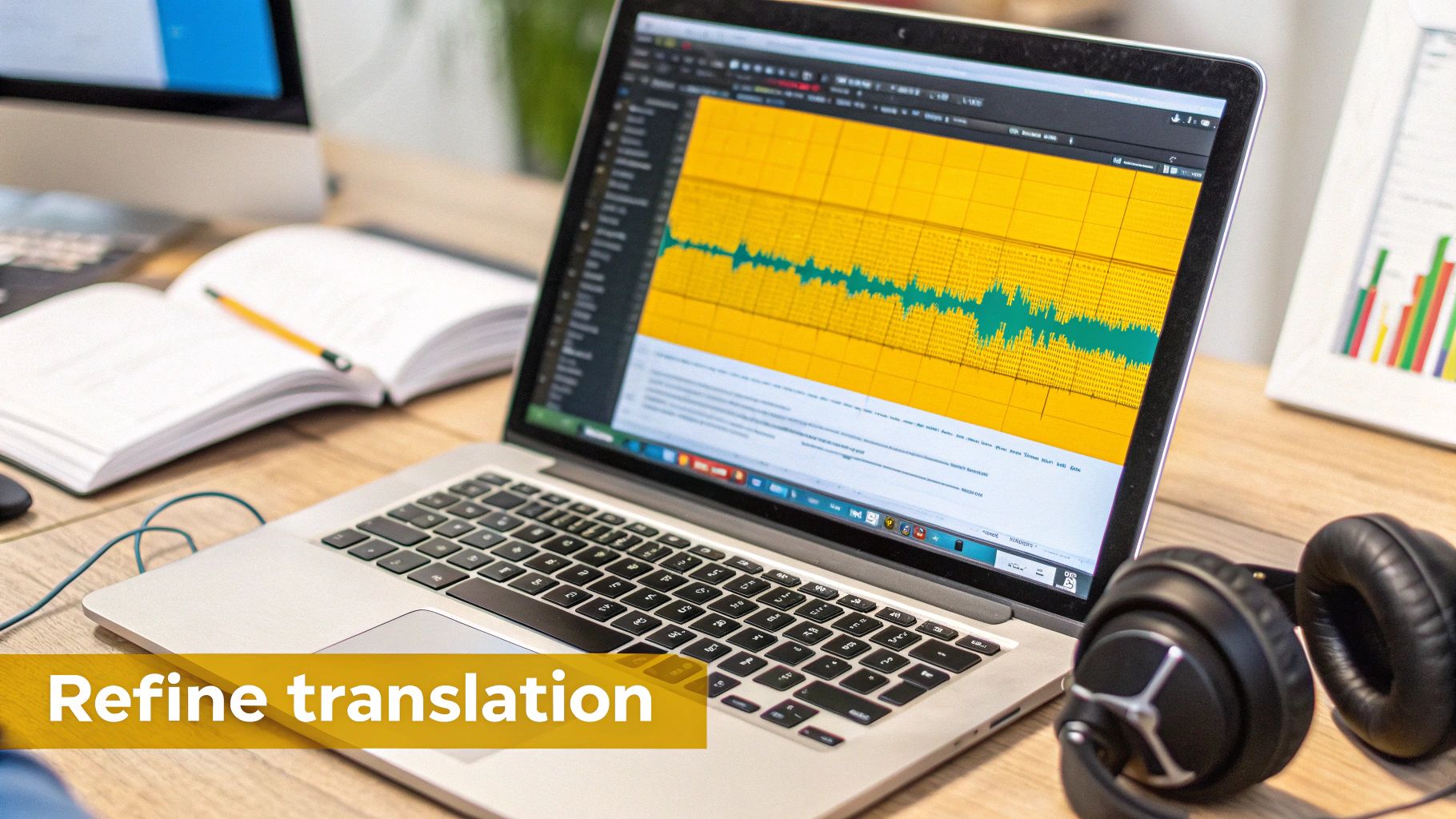 A laptop displays an audio waveform on a desk with headphones, a notebook, and a pencil for refining translation.