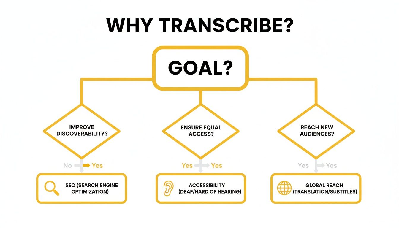 Flowchart explaining why to transcribe, detailing goals for improved discoverability, equal access, and global reach.