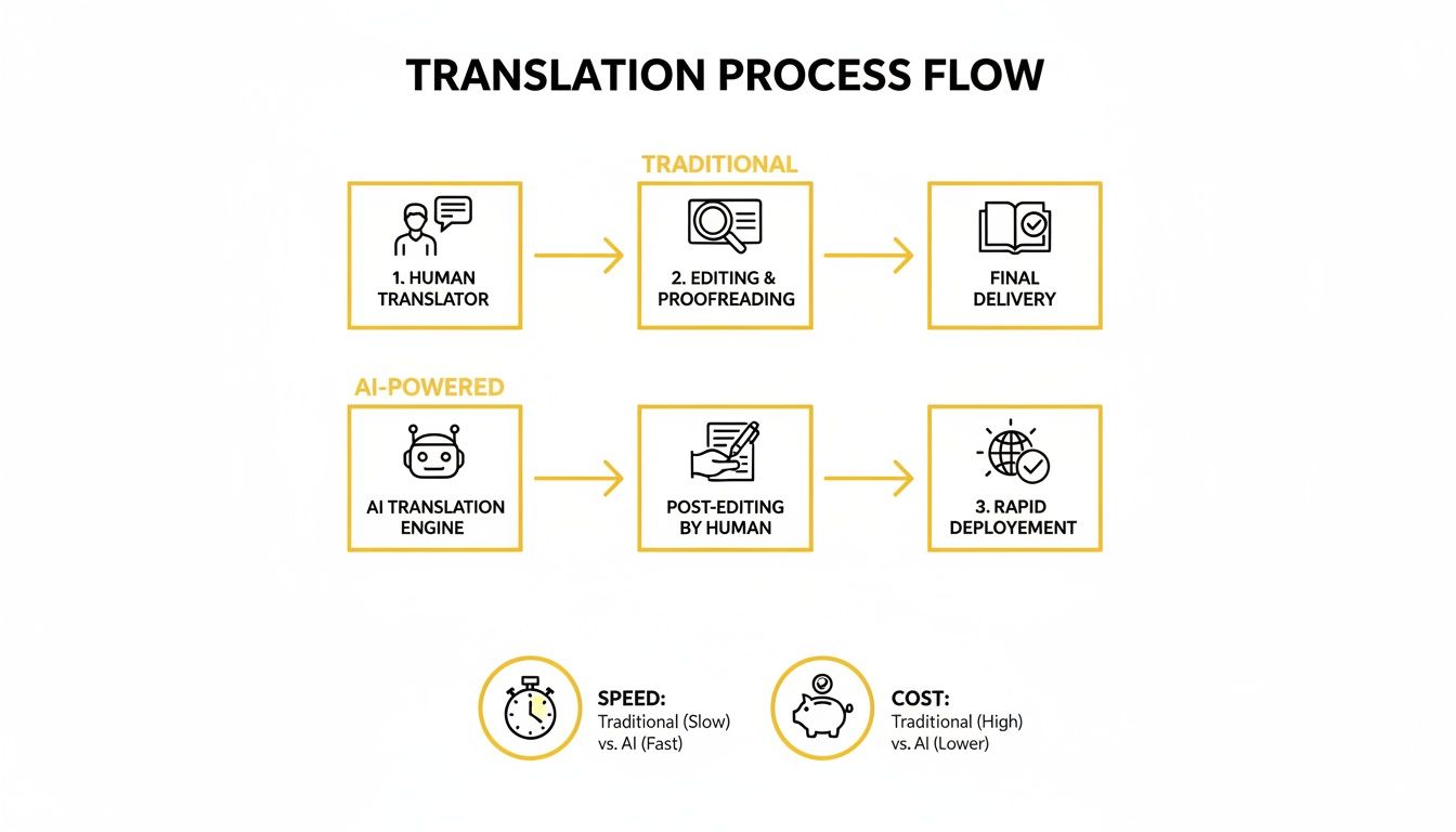 Comparison of traditional versus AI-powered translation process flows, detailing steps, speed, and cost.