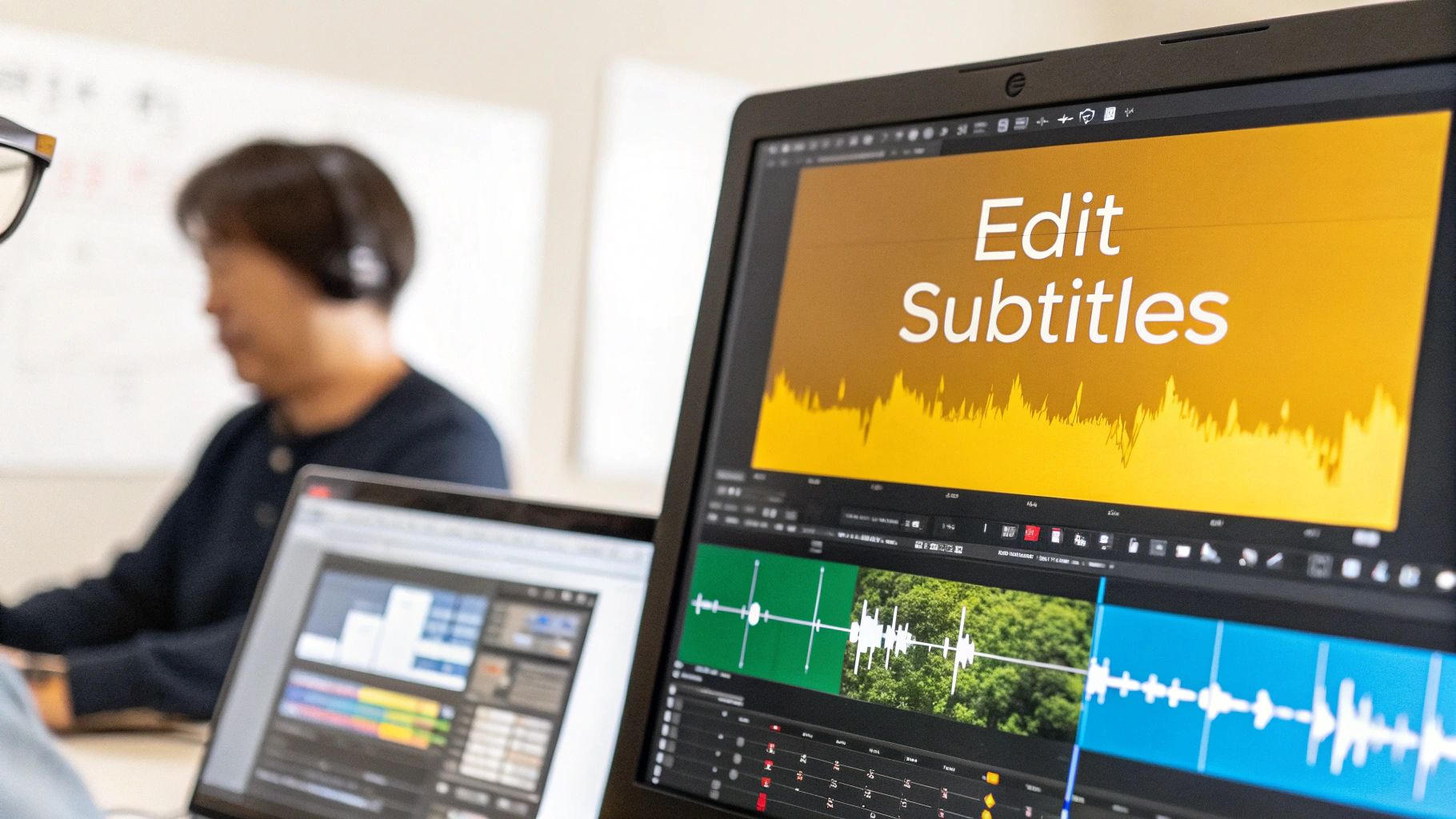 Laptop screen displaying video editing software with 'Edit Subtitles' and a waveform, a person editing in the background.