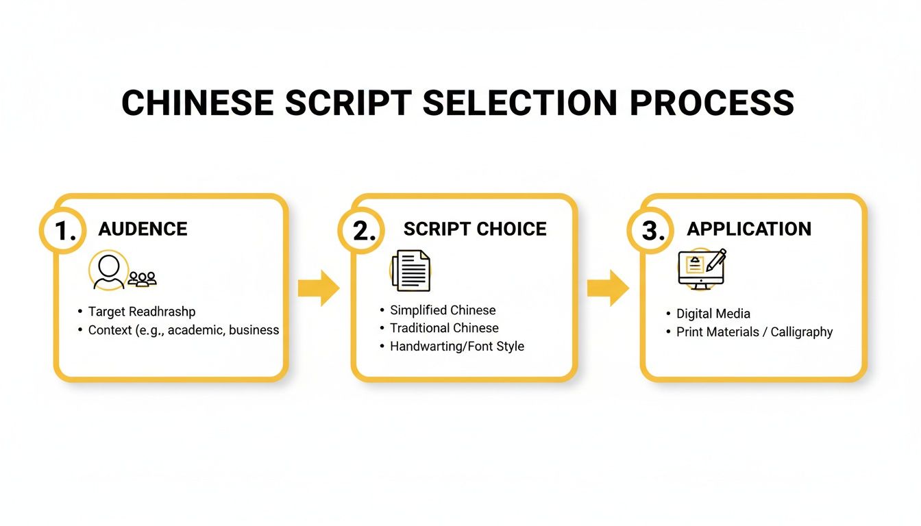 Flowchart detailing the Chinese script selection process based on audience, script choice, and application.