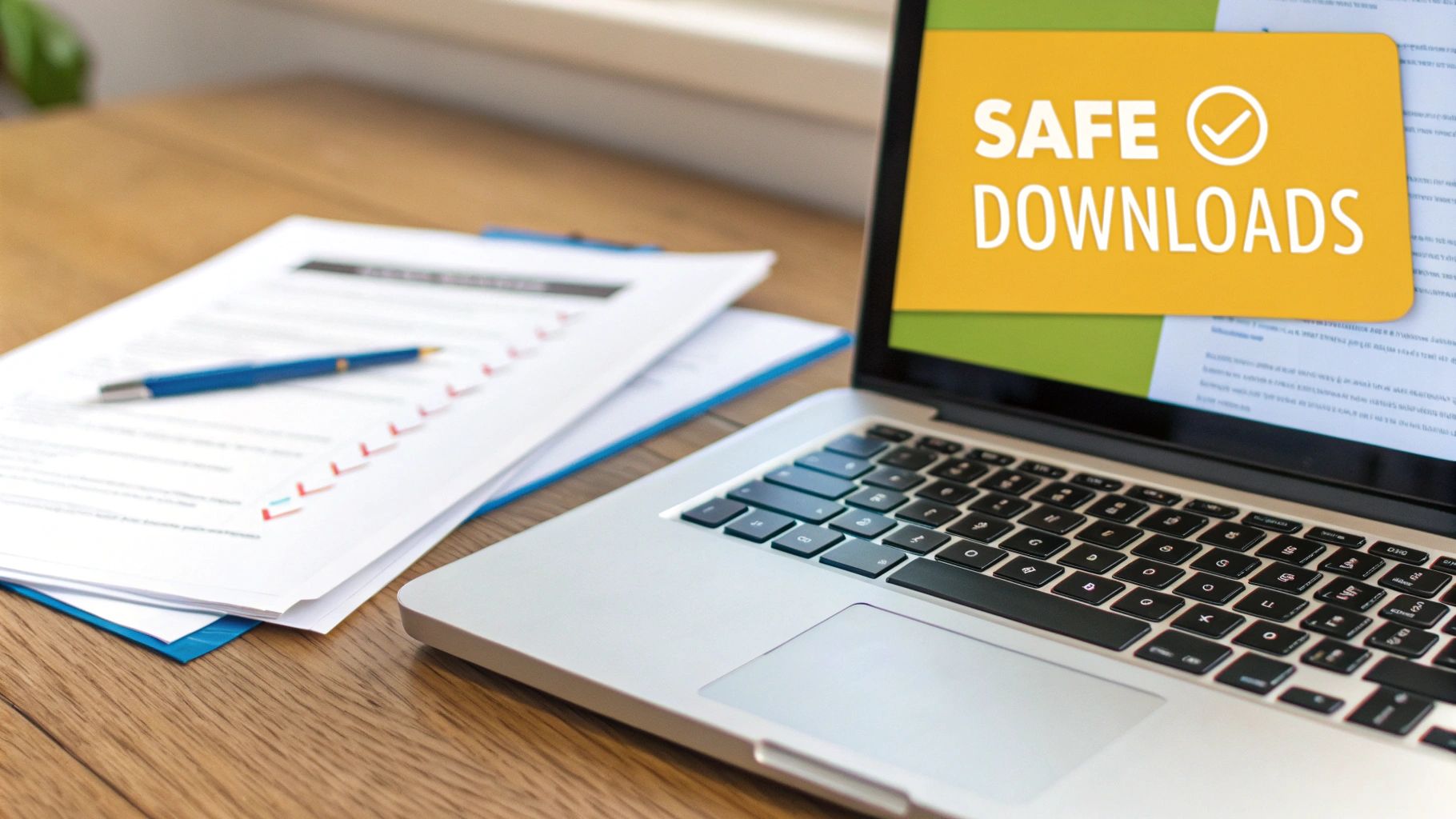 A laptop on a wooden desk displays a 'SAFE DOWNLOADS' banner, with papers and a pen beside it.