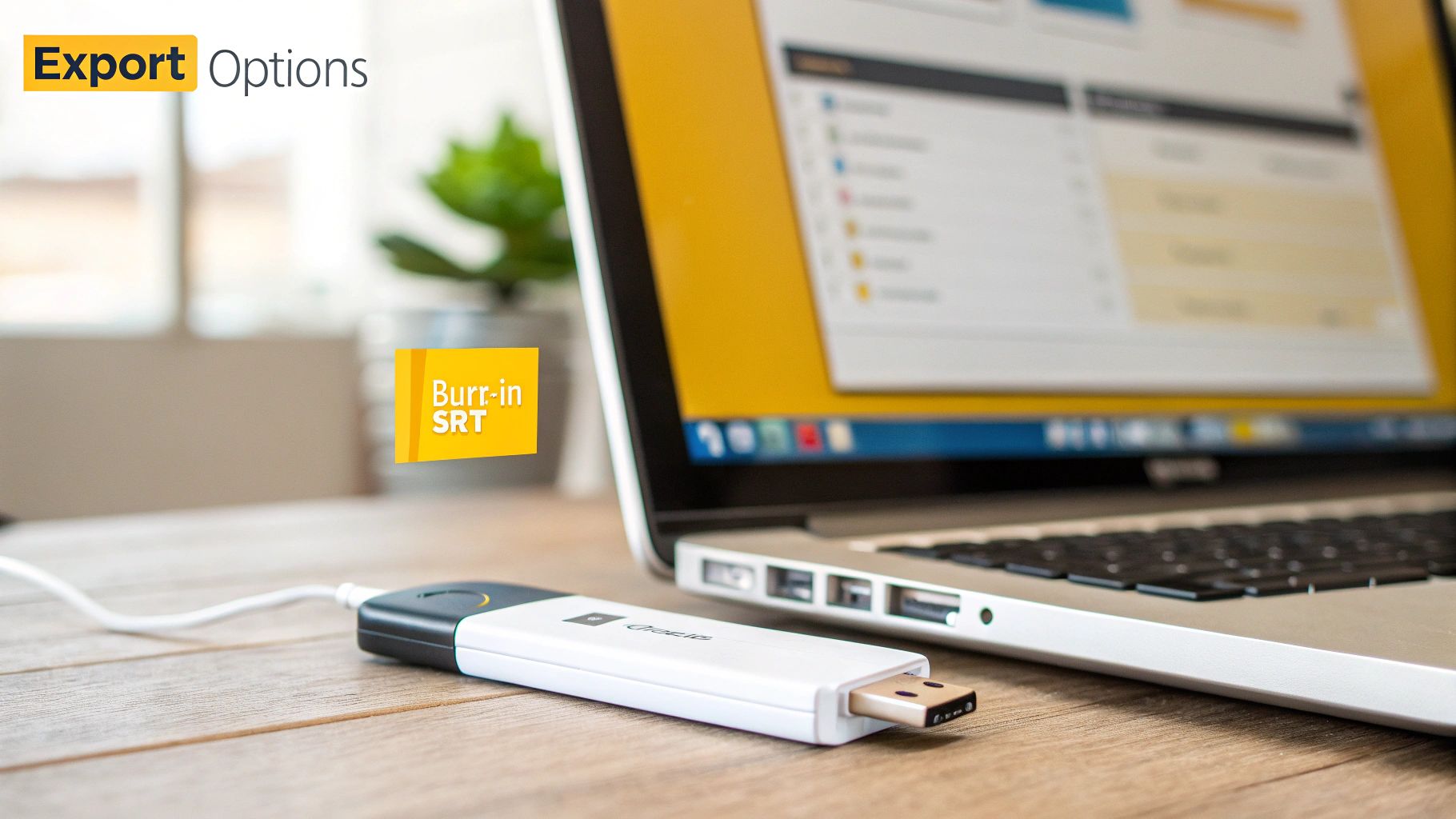 Laptop displaying export options and 'Burr-in SRT' text, next to a white USB device on a wooden desk.
