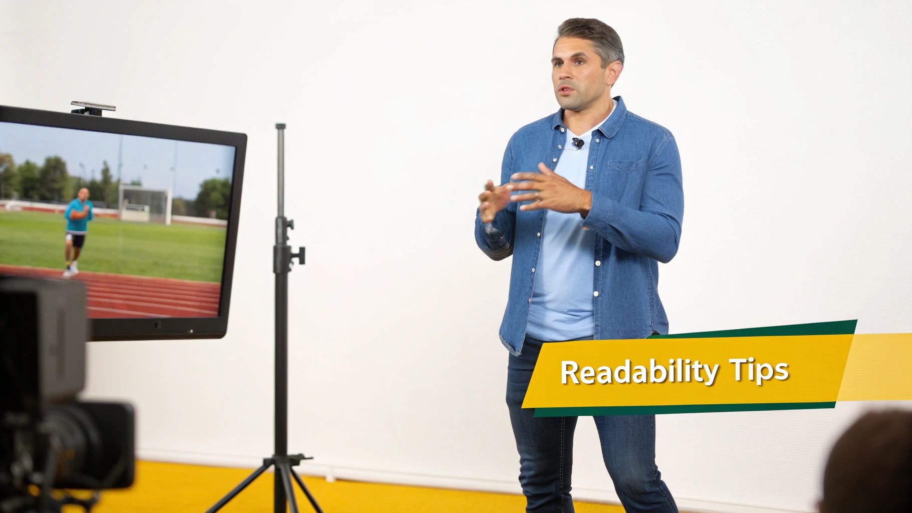 A male presenter explains 'Readability Tips' on stage, with a monitor showing a runner on a track.