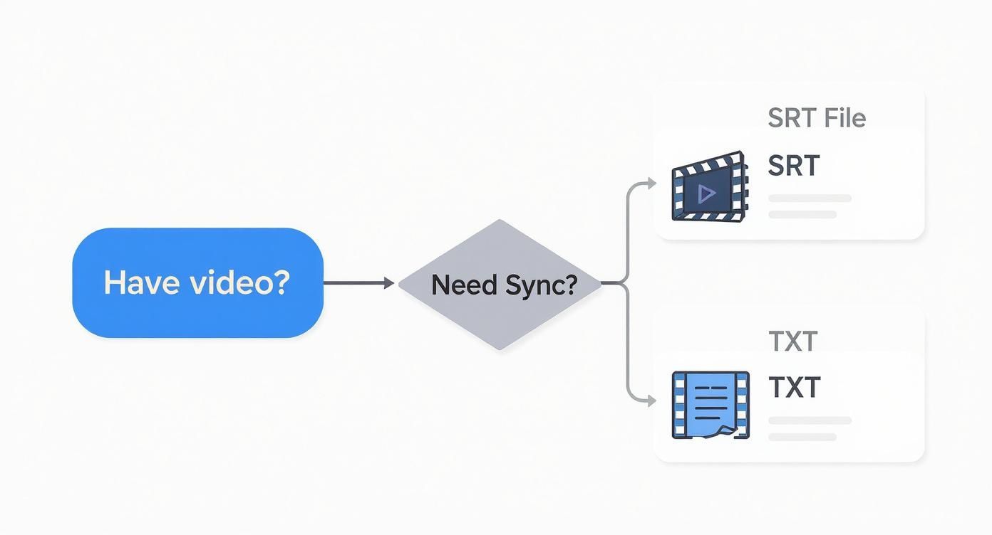 Flowchart showing video input leading to SRT subtitle file or TXT transcript output.