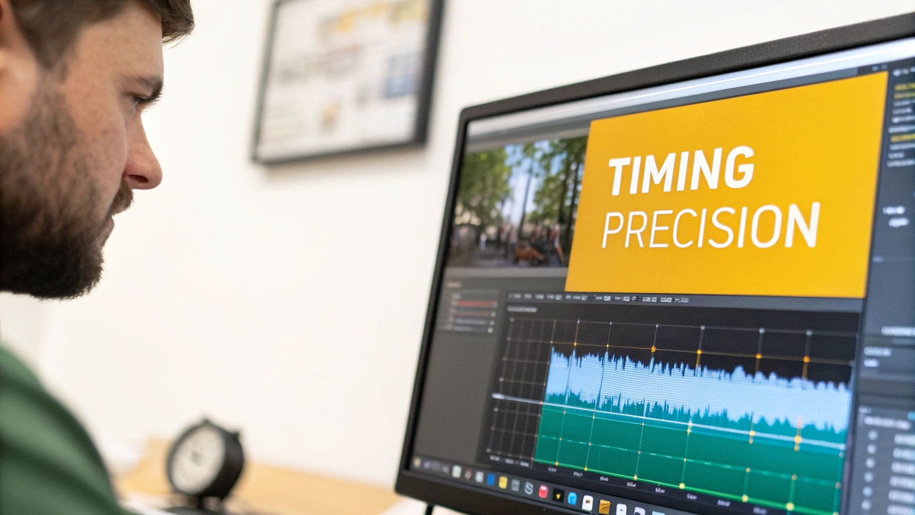 A man intently views a computer monitor displaying video editing software with waveforms and 'TIMING PRECISION' text.