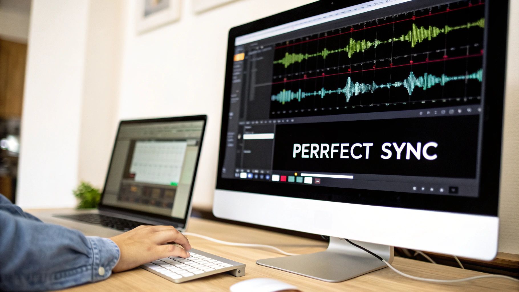 A creator's desk with a computer showing a video being uploaded to a social media platform, symbolizing content publishing.