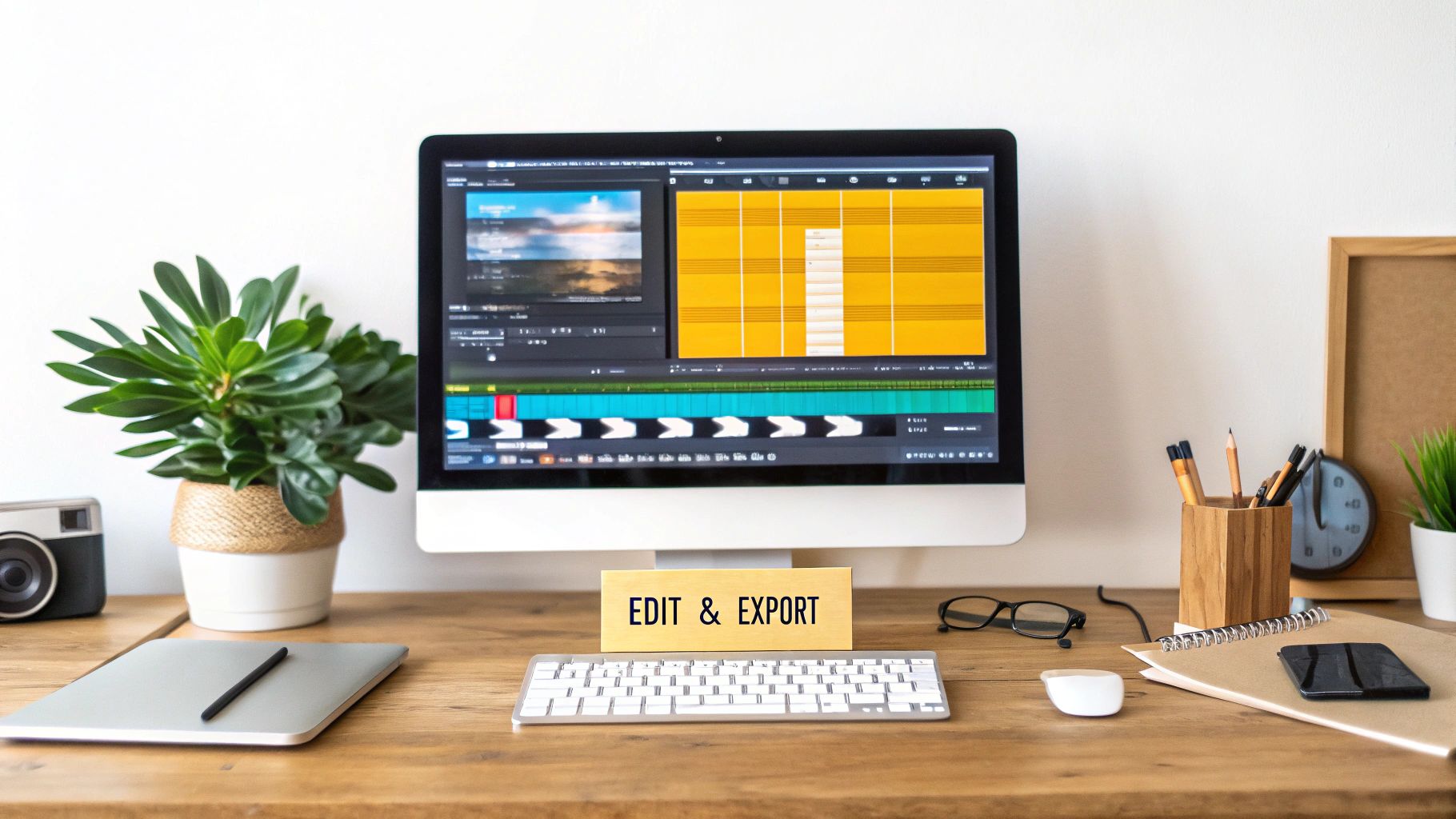 A modern desk setup with a computer displaying video editing software and an 'EDIT & EXPORT' sign.